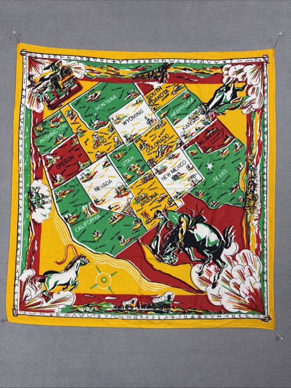 1950s Western West Coast US Map Yellow Handkerchief cowboy rodeo horses